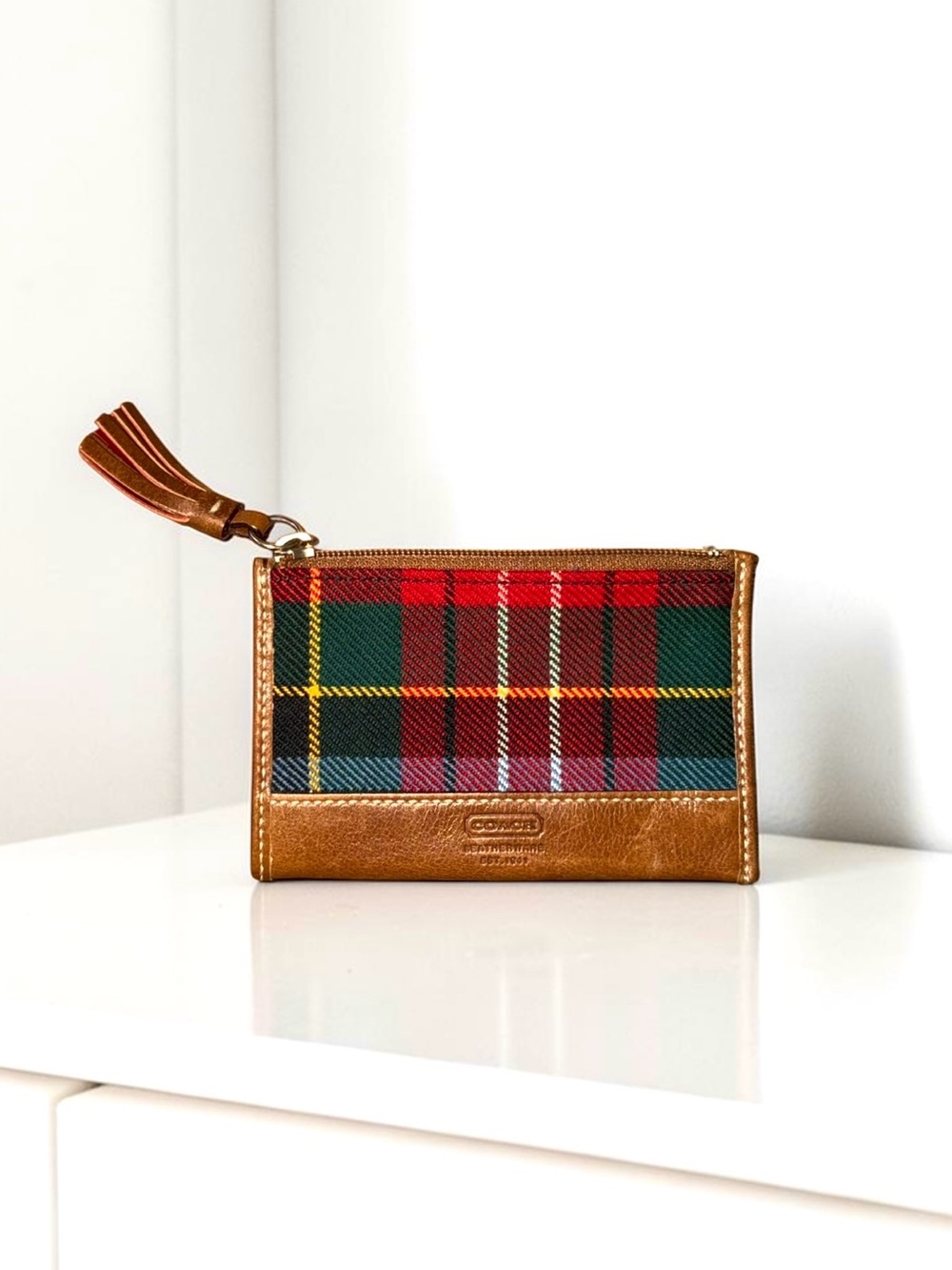Vintage Coach RARE 100% Wool and Leather Tartan Mini Zip Coin Wallet